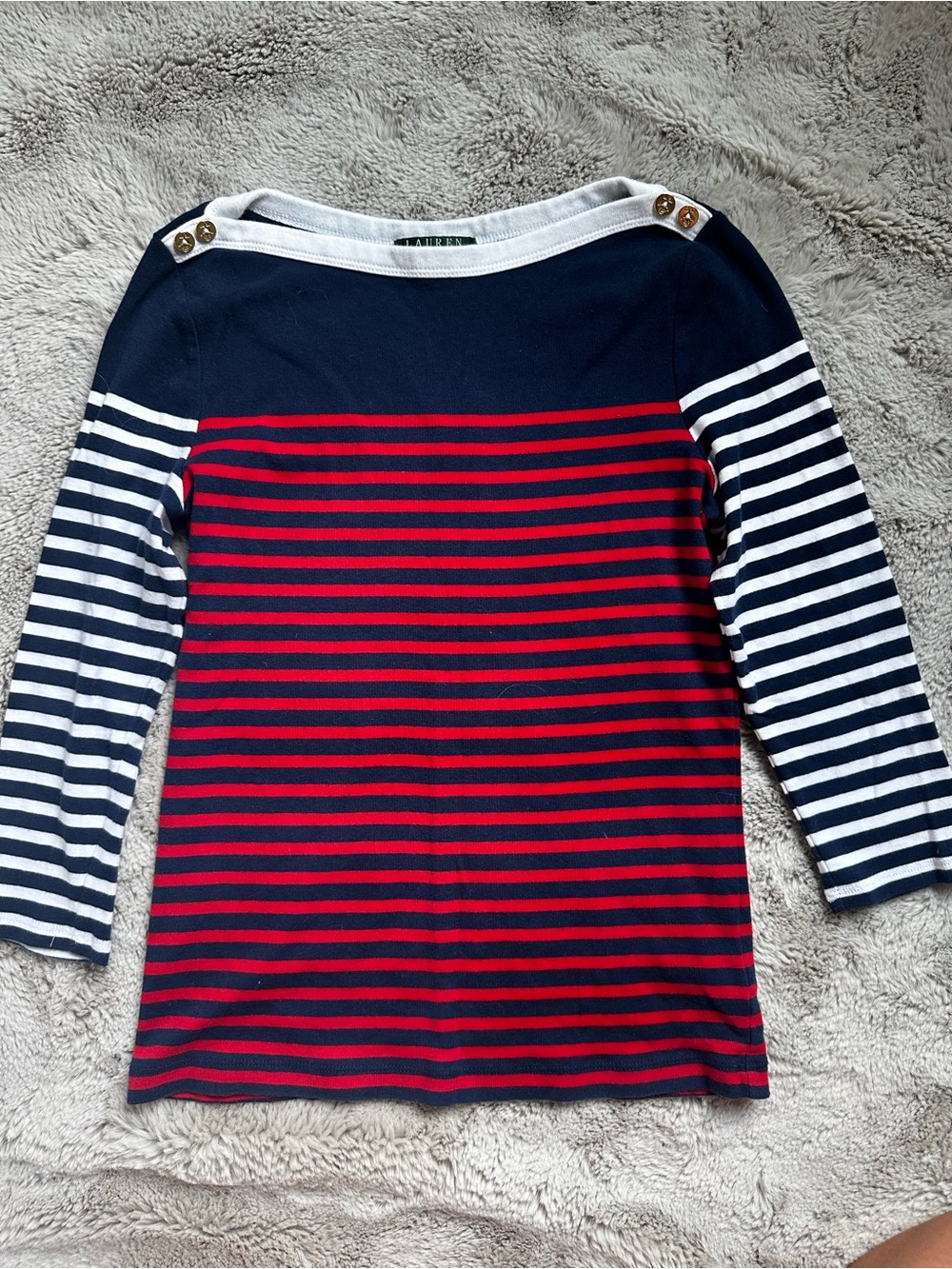 Lauren Ralph Lauren Nautical Stripe Boat Neck Top Anchor Buttons Red Navy White